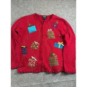 VTG Studio Joy Christmas Cardigan Women M Red Knit Beaded Patchworks Grandma 90s